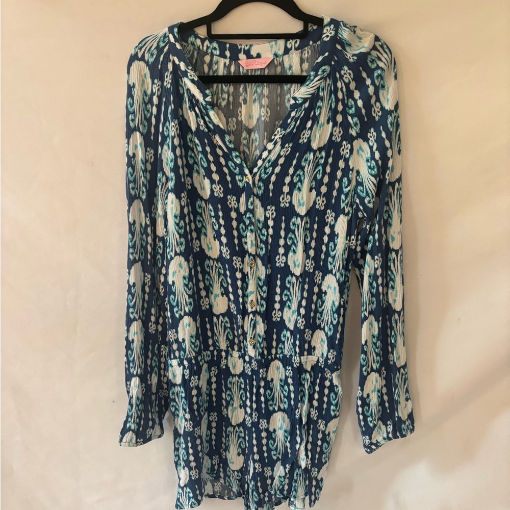 Lilly Pulitzer Blue and White Long Sleeve Blouse